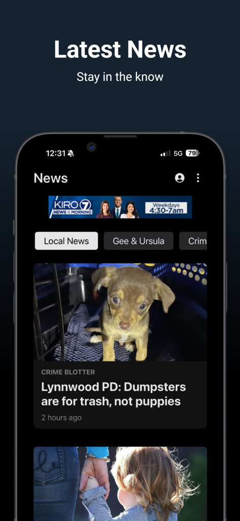 KIRO Newsradio app interface showing the latest local news and crime blotter feed