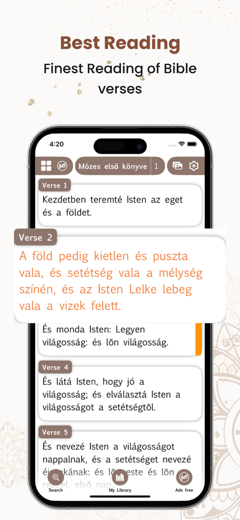 Mobile screen displaying Hungarian Bible verses with verse by verse reading layout and highlighted text
