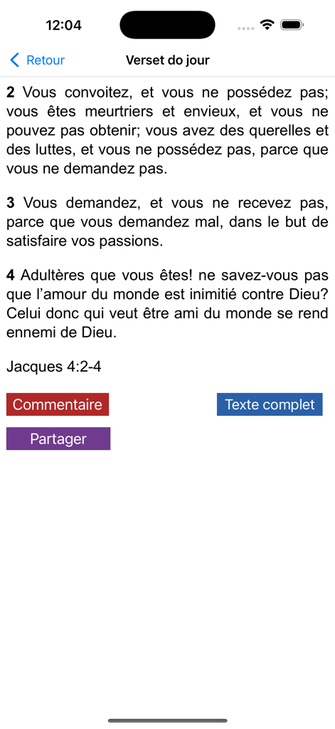 La Sainte Bible LS - Interface de l'application La Sainte Bible LS affichant le verset du jour Jacques 4:2-4 en français