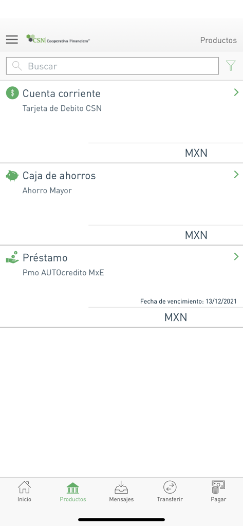 CSN Móvil - Interfaz de la aplicación móvil que muestra resúmenes de cuentas de ahorro, corrientes y de crédito en pesos mexicanos