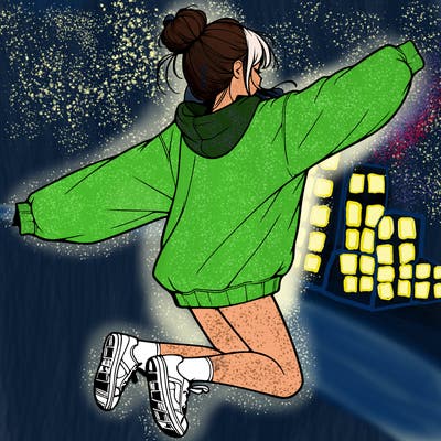 realistic girl jumping with a bun and oversized sweatshirt
