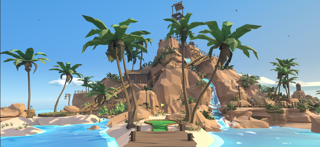 Walkabout Mini Golf - Un vibrante campo de minigolf de isla tropical low poly con palmeras y una cascada