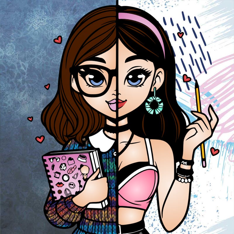 split with one side of girl nerd and one side popular