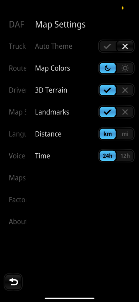 DAF Truck Navigation - Map settings screen in the DAF Truck Navigation app showing display and unit preferences
