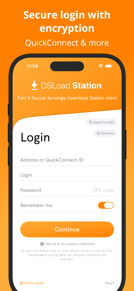 Secure login screen for DSLoad Station app showing QuickConnect and 2FA options for Synology NAS