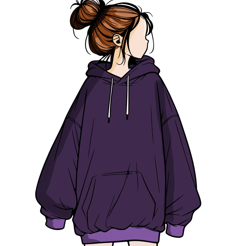 realistic girl with a oversized sweatshirt on and a bun