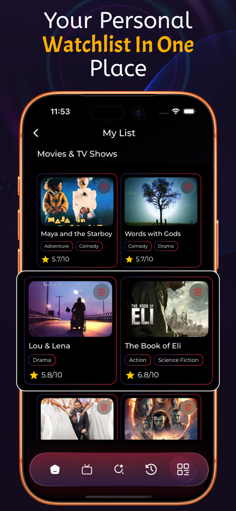 OnStream : TV shows & Movies - OnStream app My List screen showing a personalized movie and TV show watchlist with ratings and genres.