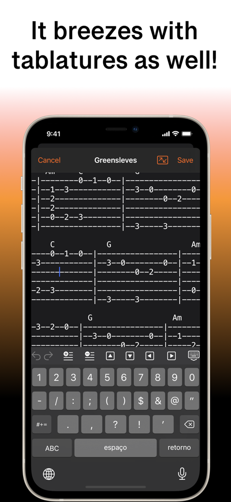 Interfaz de la aplicación SongFolio que muestra la pantalla de edición de tablaturas y acordes de guitarra para la canción Greensleeves.