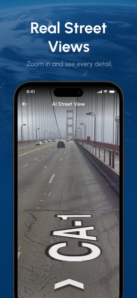 WorldScope: Live Earth Map - iPhone screen showing a real street view of the Golden Gate Bridge in the WorldScope app