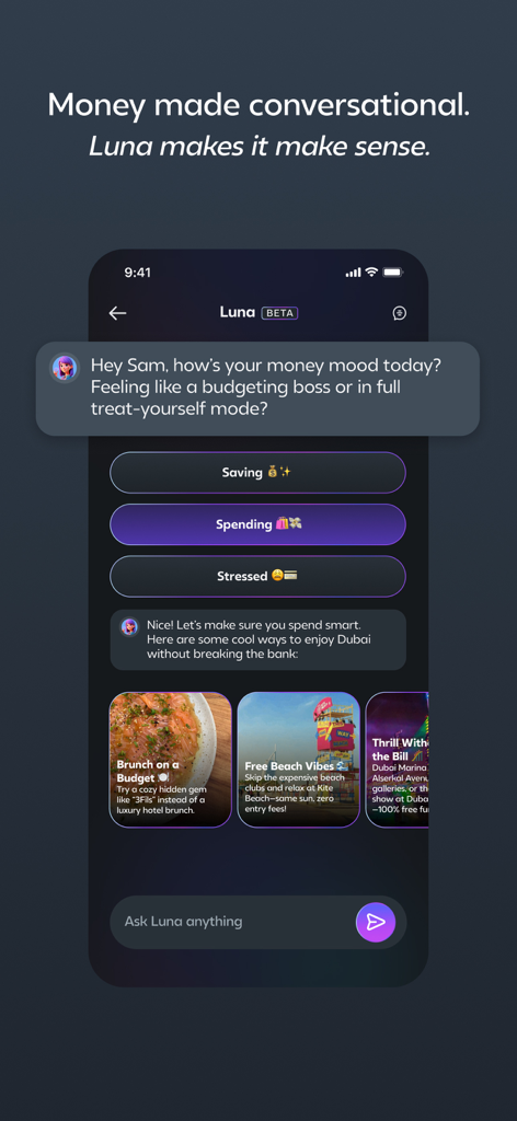 Maly - Your Smart Money App - Maly app interface showing the Luna conversational AI assistant providing money management tips and budget options