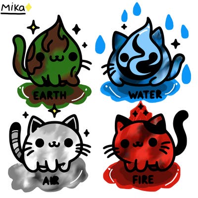 4 cats that represent the different elements, earth, water, air, and fire