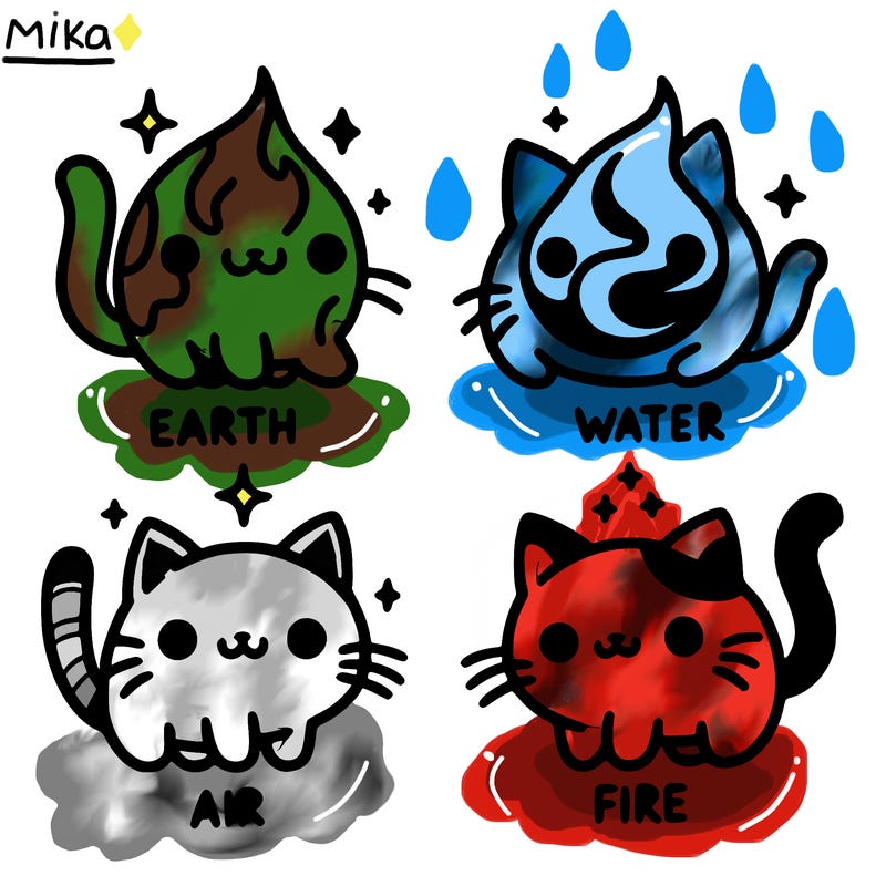 4 cats that represent the different elements, earth, water, air, and fire