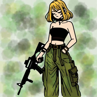 a dangerous girlcrop top and baggy jeans with a rifle in her hand