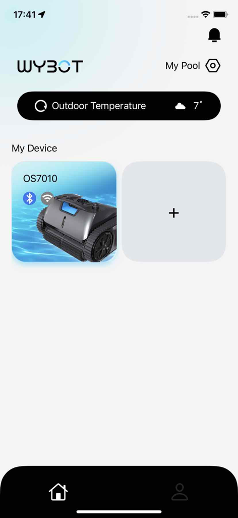 WYBOT - Home screen of the WYBOT app showing a connected pool cleaning robot and current outdoor temperature.