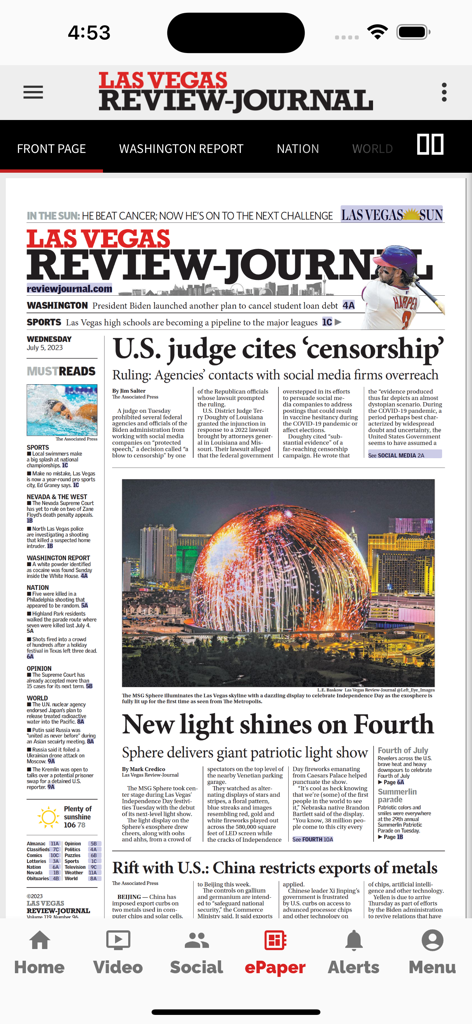 Una réplica digital de la portada del Las Vegas Review Journal que muestra titulares de noticias y la MSG Sphere en la sección ePaper de la aplicación móvil.