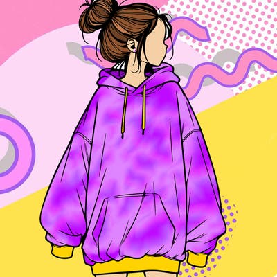 realistic girl with a oversized sweatshirt on and a bun