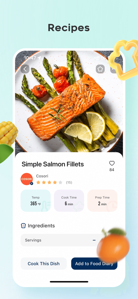VeSync - A screenshot of the VeSync app showing a healthy salmon recipe for Cosori air fryers with cooking time and temperature.