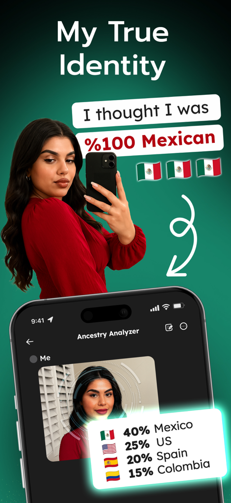 Gooroo: Ethnicity, AI Fortune - Gooroo app interface showing the AI ancestry analyzer feature with heritage percentage results for a female user