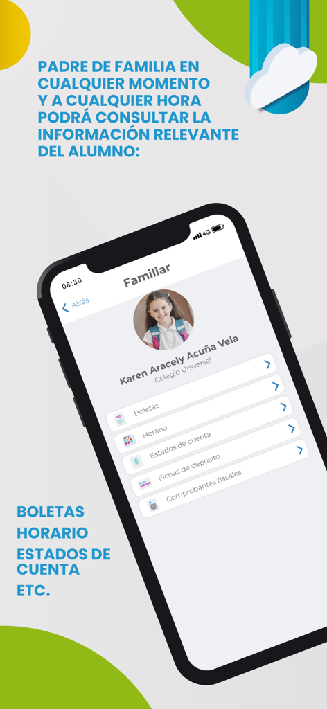 Interface do aplicativo Servoescolar Movil mostrando o perfil de um aluno com opções para boletins, horários e extratos de contas para pais.