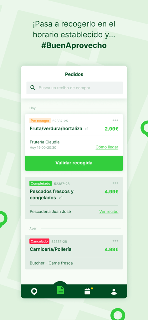 Coometas - Screenshot of the Coometas app order history page displaying statuses for food pickups at local markets