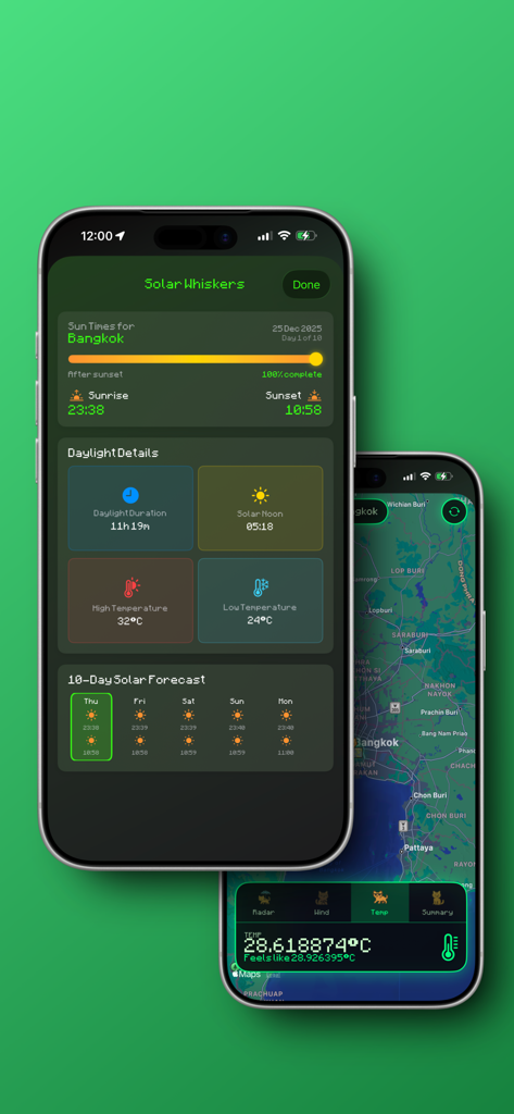 The Cat Weather app displaying solar whiskers sun data and a futuristic radar map for Bangkok.