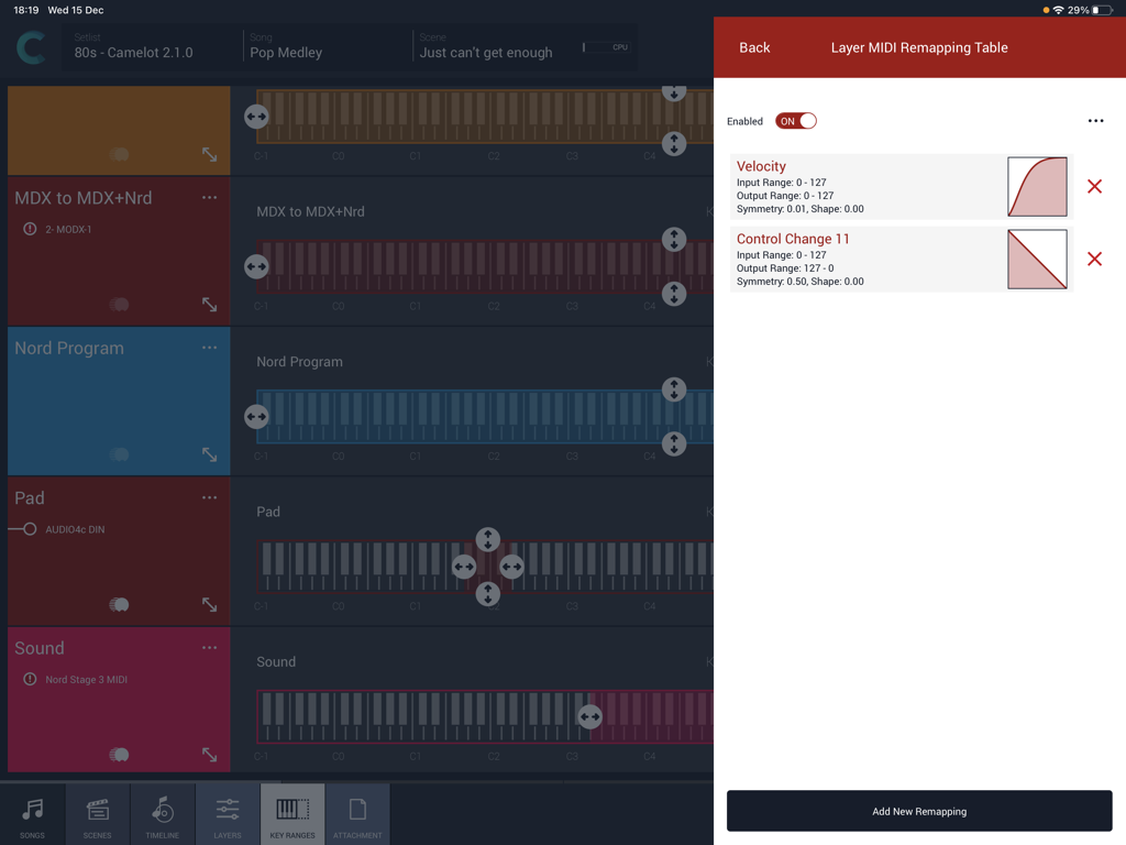 Camelot Pro - Interfaz de la aplicación Camelot Pro que muestra curvas de reasignación de velocidad MIDI y cambio de control con rangos de capas de teclado.
