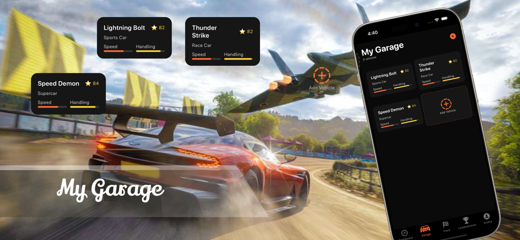 RaceLab Auto Performance Simu - The My Garage screen of RaceLab showing virtual car profiles and performance stats