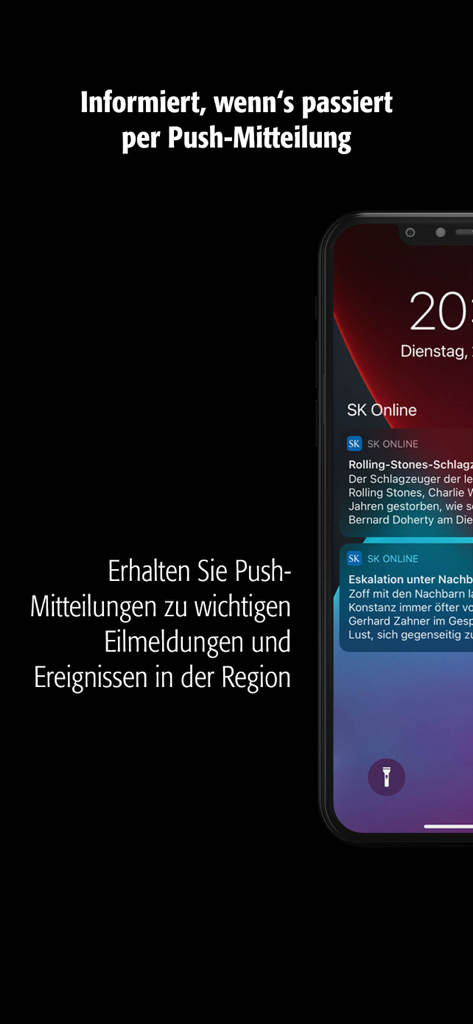 SÜDKURIER Online - Pantalla de smartphone mostrando notificaciones push de Sudkurier Online para noticias locales y eventos de última hora