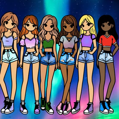 a group of girls wearing crop tops and shorts
