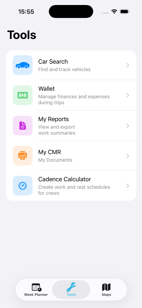 iDrive Truck - The tools menu of the iDrive Truck app featuring vehicle search wallet management work reports and cadence calculator.
