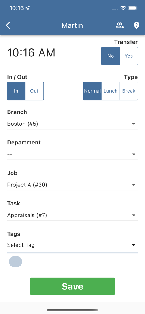 TimeTrex - TimeTrex mobile app interface for employee clock in showing branch and task selection