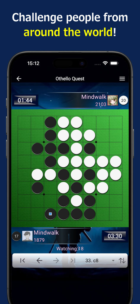 Othello Quest - Online Othello - Partida de Othello online no Othello Quest mostrando um tabuleiro de Reversi e as classificações dos jogadores