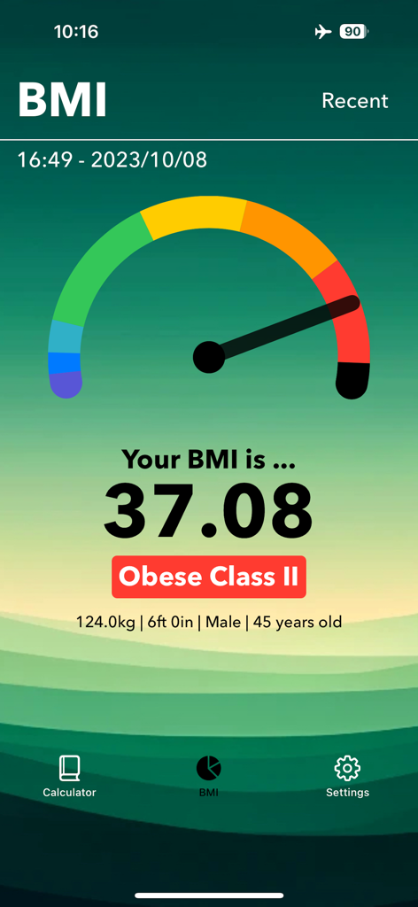 Smart BMI & Health Calculator - Smart BMI Health Calculator app showing a 37.08 BMI result and Obese Class II status on a visual scale.