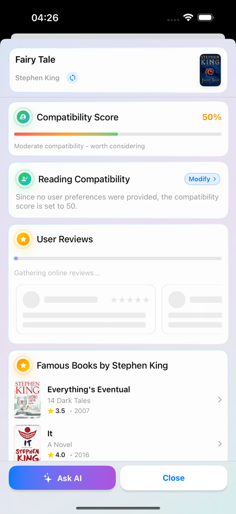 BookScan - You Scan - A mobile phone screen showing the BookScan app with a compatibility score and AI-powered book recommendations for Stephen King books.