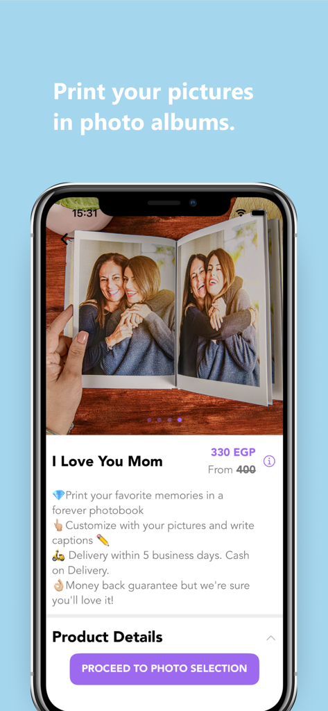 InstaPrints - InstaPrints app screen displaying a custom photo album product titled I Love You Mom with pricing and customization details