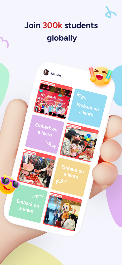 WuKong: Chinese, Math & ELA - A smartphone screen displaying the WuKong app community with images of student events and 300,000 global learners.
