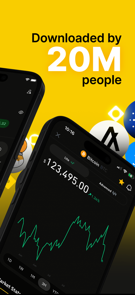 Binance.US: Buy Bitcoin & ETH - Binance.US App-Anzeige auf zwei iPhones, die ein Bitcoin-Preischart und einen Meilenstein von 20 Millionen Downloads zeigt.
