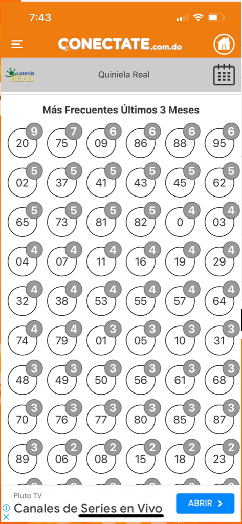 Estatísticas de frequência para os números da loteria Quiniela Real no aplicativo móvel Conectate Loterias.
