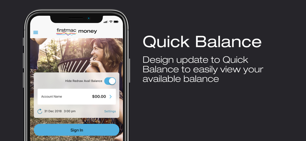 Firstmac Money - A mobile screen showing the Quick Balance feature of the Firstmac Money app allowing users to see their account balance without signing in.
