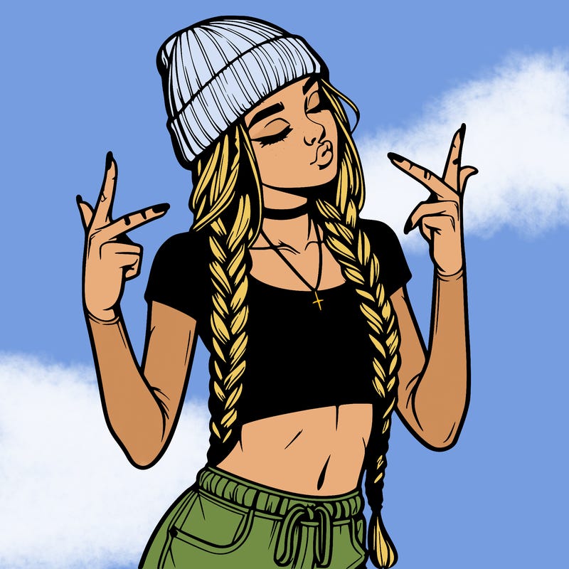 realistic teenage girl with braids and a beanie and crop top doing 🫶🏼