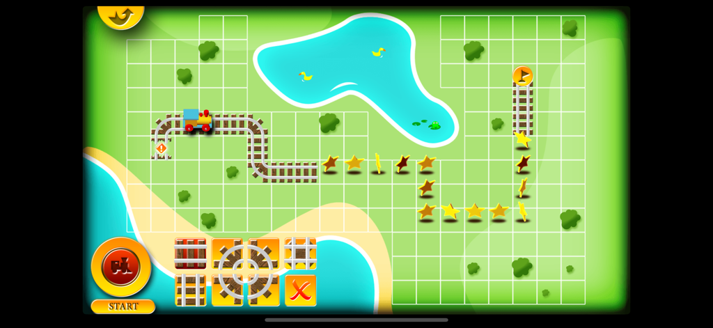Mini Train for Kids - Full - Una captura de pantalla del modo de construcción de vías en Mini Tren para Niños donde los usuarios crean caminos para recoger estrellas.