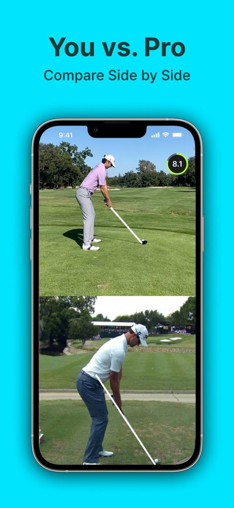 Side by side comparison of a user golf swing versus a professional golfer within the Sparrow app