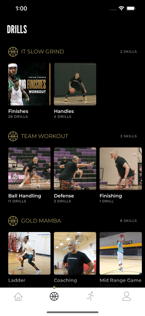 94FEETOFGAME Basketball Drills - The basketball drills library screen of the 94FEETOFGAME app featuring training categories like ball handling and defense