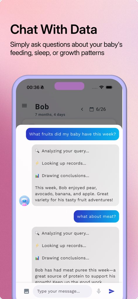 Bloom Baby Tracker - Auto Log - Interface of the Bloom Baby Tracker app showing a user chatting with an AI about their baby's feeding patterns and nutrition data.