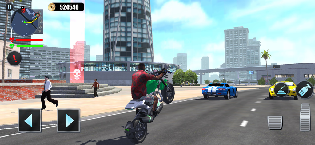 Hero Gangster City Gang Battle - Personaje realizando un caballito en moto en una calle de la ciudad en Hero Gangster City