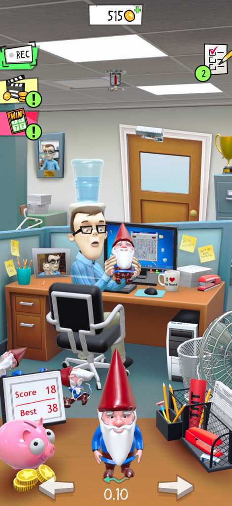 A gameplay screenshot of Office Jerk where a coworker at a cubicle holds a garden gnome while having a water cooler jug on his head.
