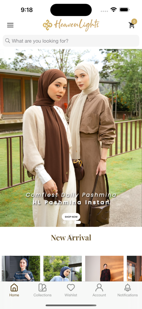 Heaven Lights - Heaven Lights mobile app home screen featuring pashmina hijabs and modest clothing collections.