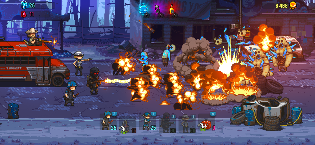 Dead Ahead: Zombie Warfare - 火器や銃を使って赤いバスをゾンビの群れから守る生存者たちを描いた、Dead Ahead Zombie Warfareのピクセルアート・タクティカル戦闘シーン