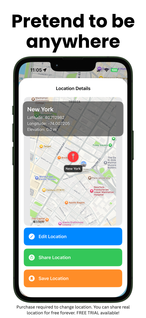 위치 변경 앱 화면에 뉴욕 지도가 GPS 좌표와 함께 표시되고 위치를 편집, 공유 또는 저장하는 버튼이 있습니다.
