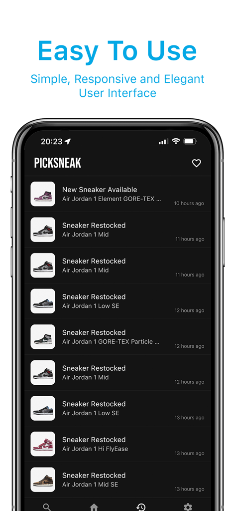 PickSneak mobile app screen displaying a list of recent sneaker restock notifications and new availability alerts